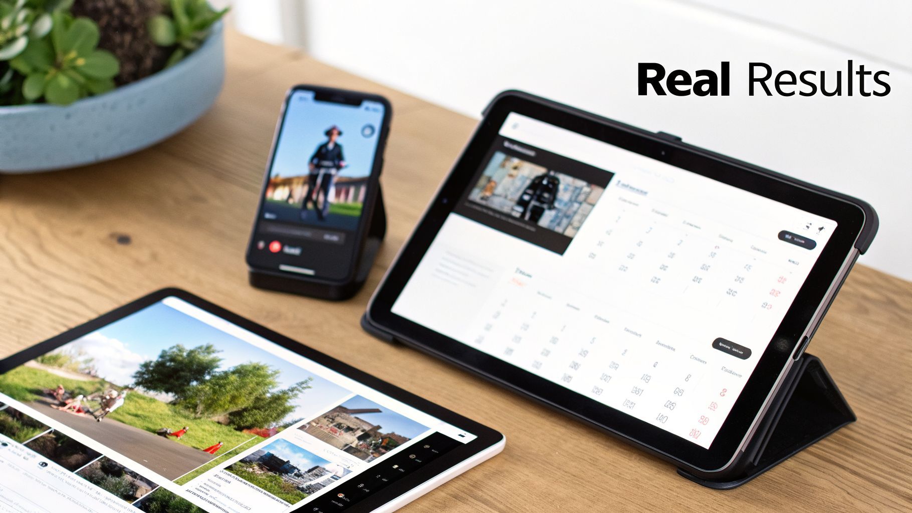 تین modern digital devices: smartphone اور دو tablets جو wooden desk پر content دکھا رہے ہیں۔