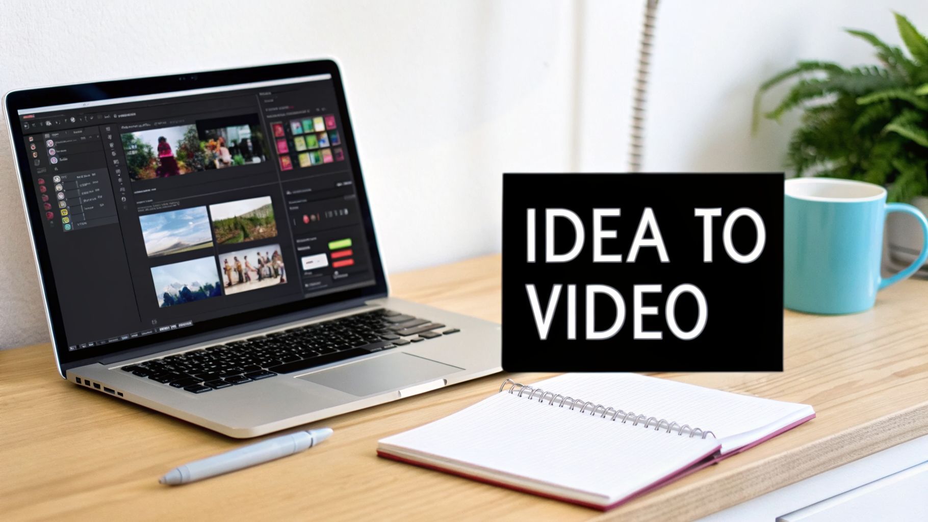 ایک لیپ ٹاپ ویڈیو ایڈیٹنگ سافٹ ویئر کے ساتھ، "IDEA TO VIDEO" کا سائن، نوٹ بک، اور پن۔