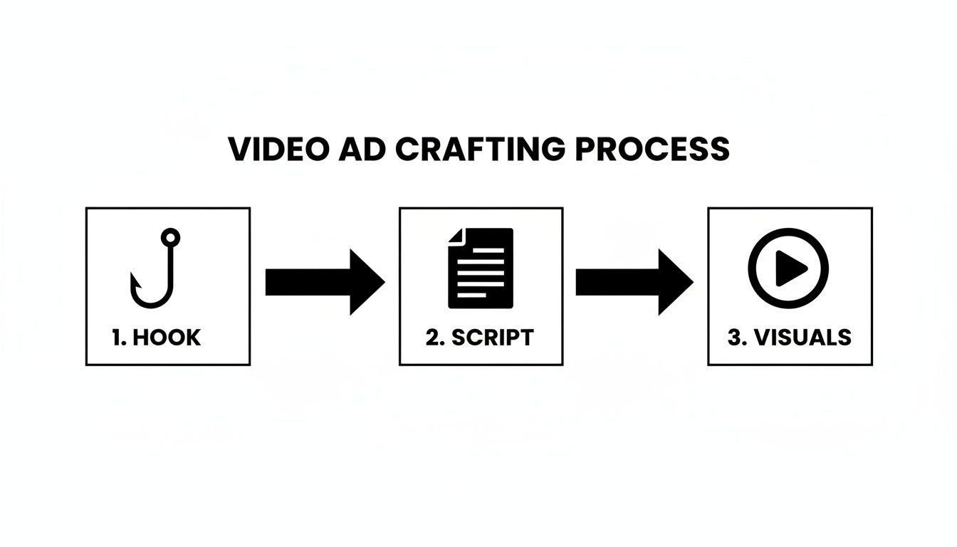 Ett diagram som beskriver videoreklam-skapandeprocessen, med tre sekventiella steg: Krokar, Manus och Visuella element.