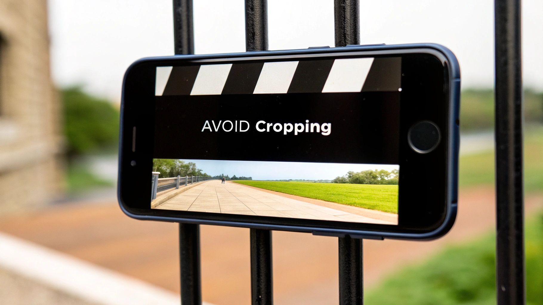 Un smartphone mostrant una claqueta de cinema amb "EVITEU retallar" i un paisatge panoràmic recolzat en una tanca negra.