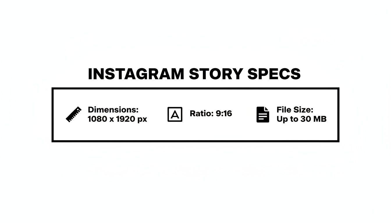 Especificacions d'Instagram Story amb dimensions 1080x1920px, proporció 9:16 i mida de fitxer fins a 30MB.