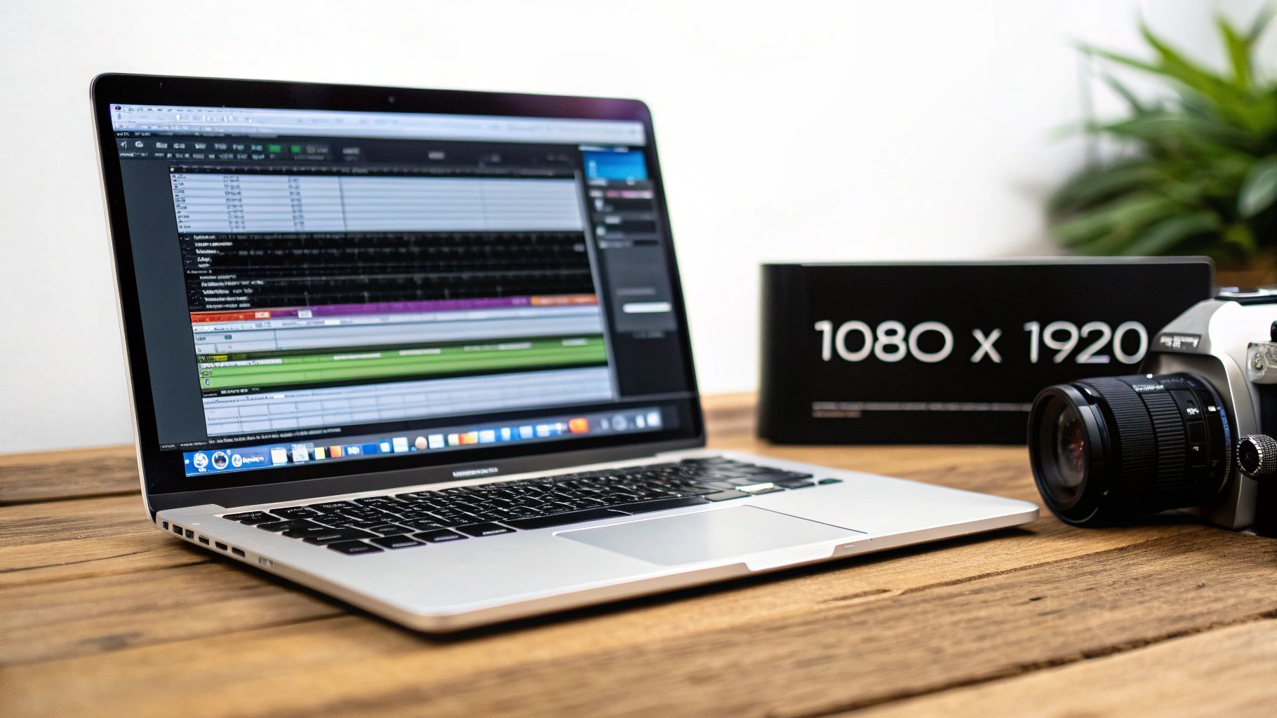 Un portàtil executant programari de producció musical, una caixa mostrant 1080 x 1920 i una càmera amb objectiu sobre un escriptori de fusta.