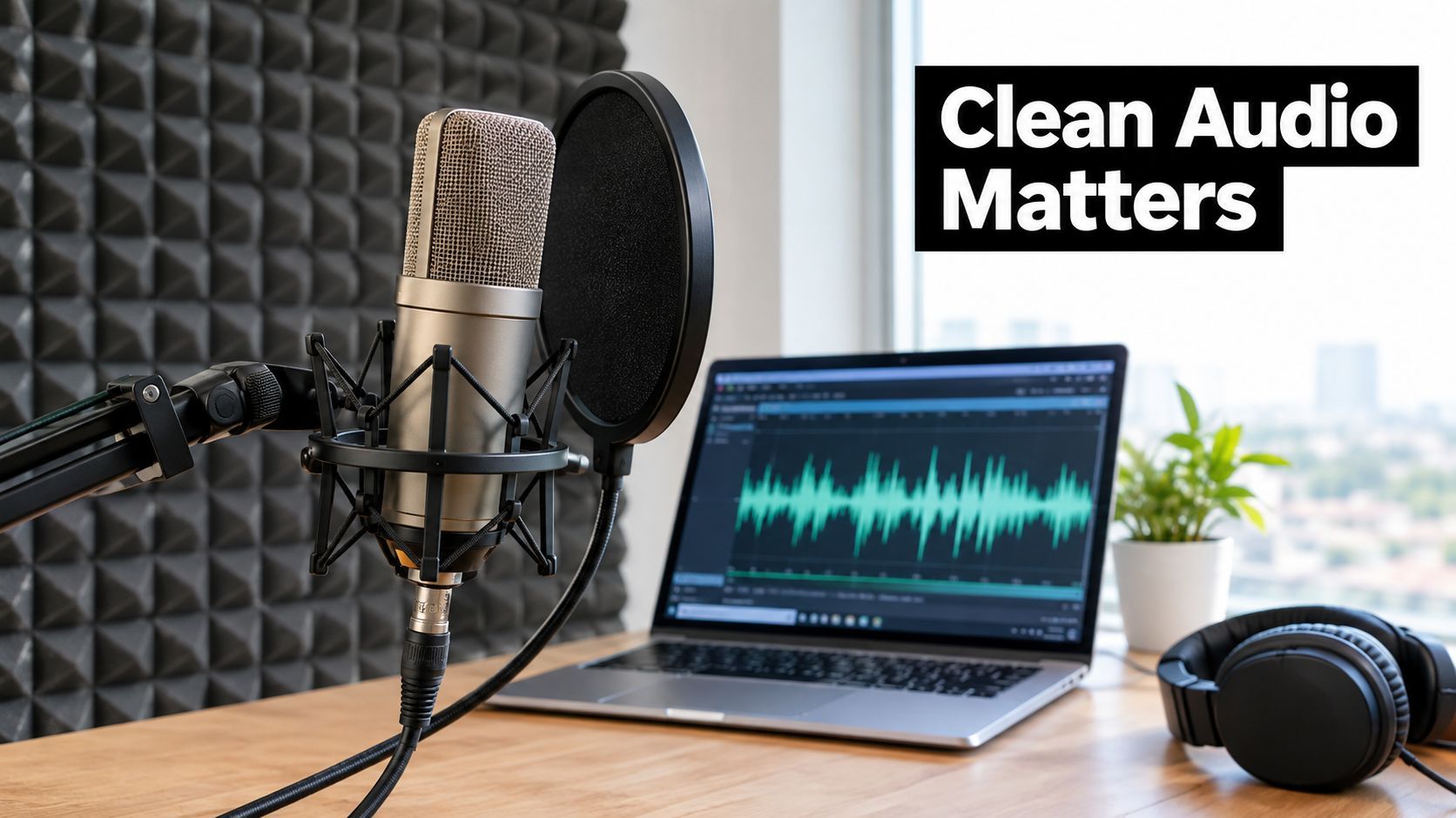 A professional podcast setup with a microphone, audio editing software on a laptop, and headphones on a desk.