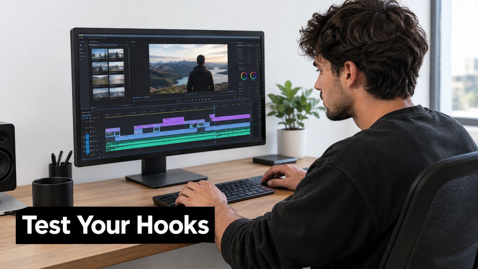 A video editor working on a professional editing software project on a large computer monitor.