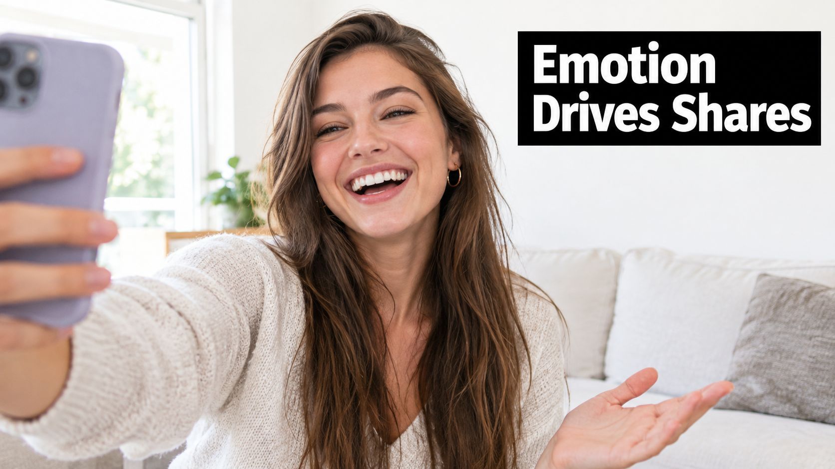 A smiling young woman takes a selfie in a bright living room, illustrating social media engagement.