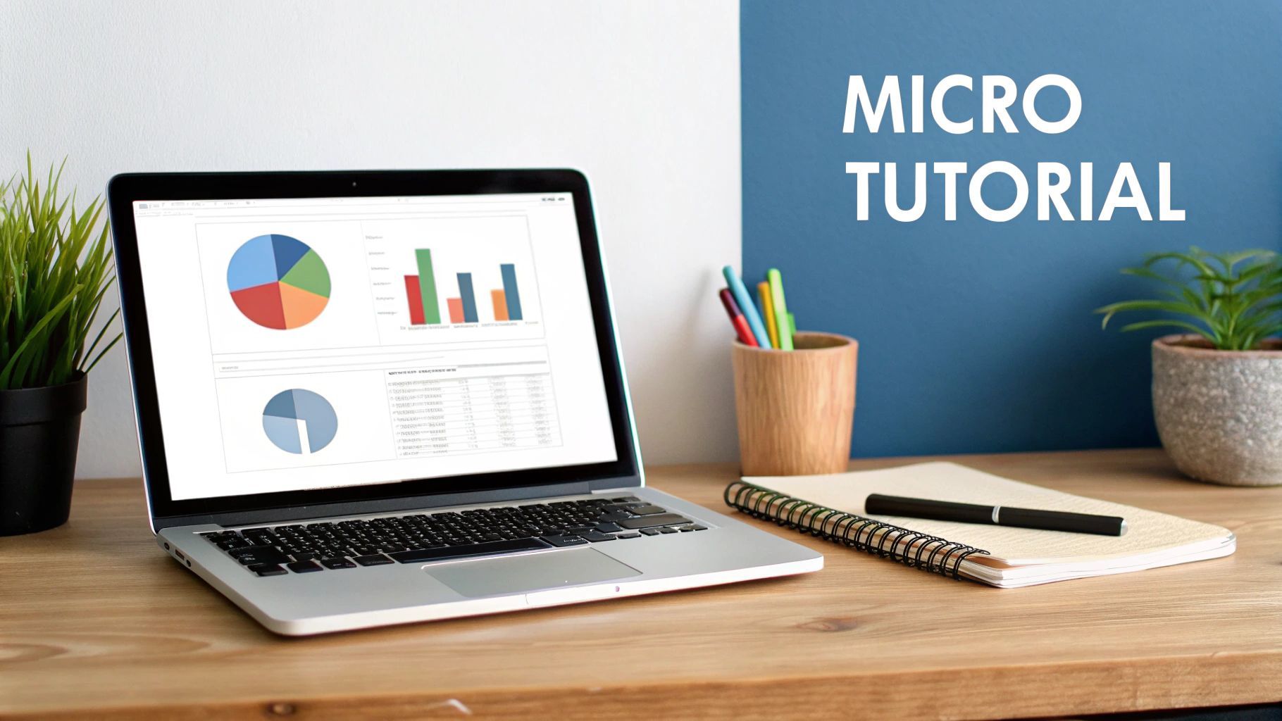 Un espai de treball modern amb un portàtil mostrant gràfics de dades, bolígrafs colorits, un quadern i plantes, amb el text 'MICRO TUTORIAL'.