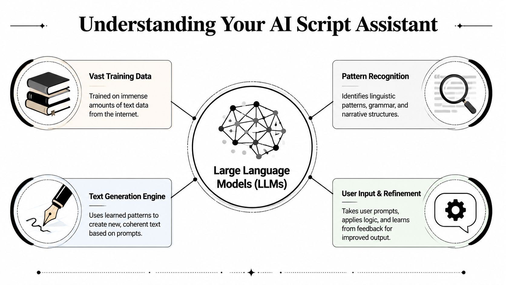 ’n Diagram wat Large Language Models verduidelik en hoe ’n KI-skripassistent teks genereer op grond van gebruiker-invoer.