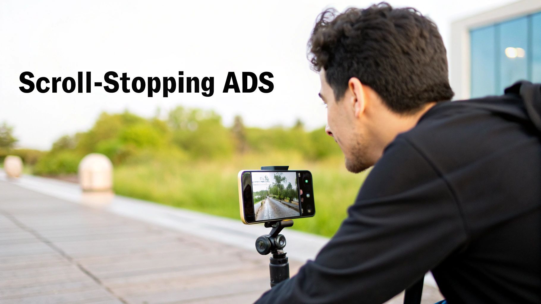 Un home grava un vídeo a l’aire lliure amb el seu smartphone sobre un trípode, amb el text 'Scroll-Stopping ADS'.
