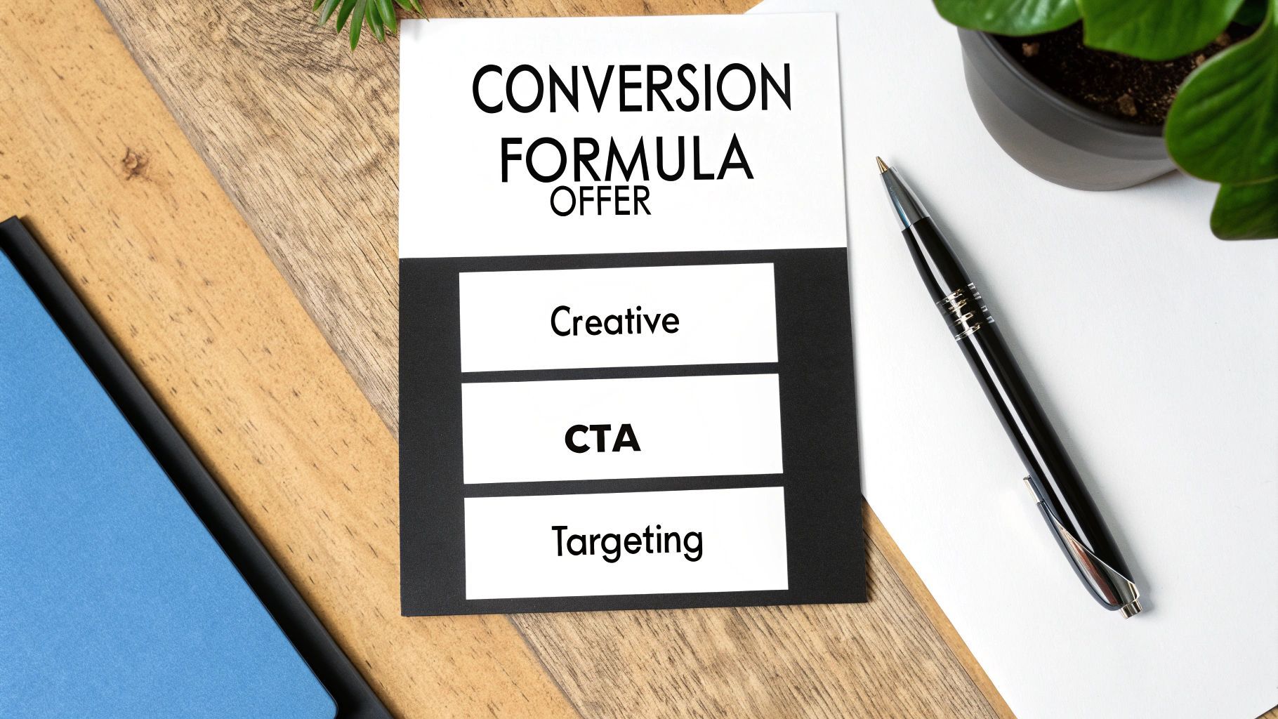 Una nota blanca i negra que mostra 'CONVERSION FORMULA OFFER' amb 'Creative', 'CTA' i 'Targeting' sobre un escriptori de fusta.