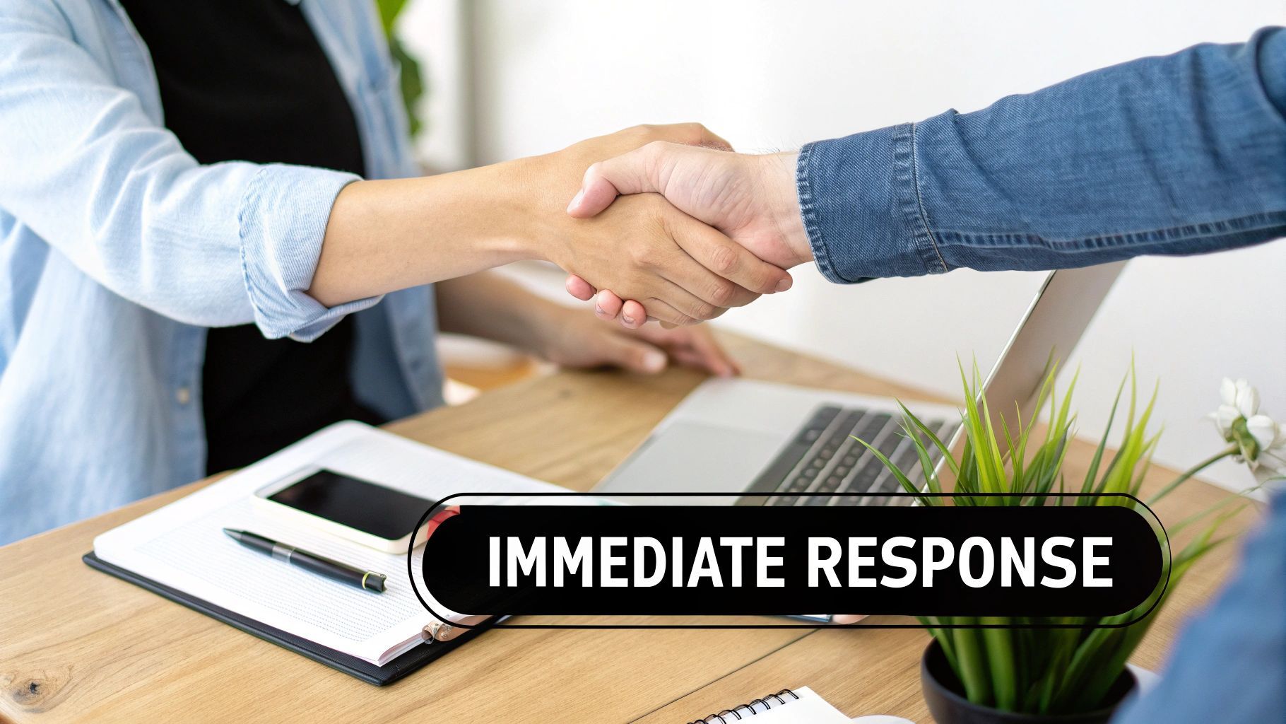 Dues persones donant la mà sobre un escriptori amb un portàtil i text 'IMMEDIATE RESPONSE'.