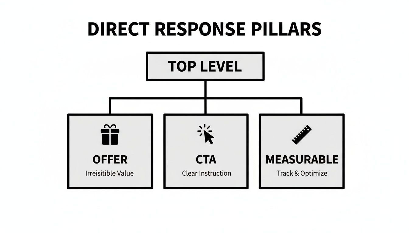 Diagrama que il·lustra els pilars de resposta directa: Offer, CTA (Call to Action), i elements mesurables amb descripcions.