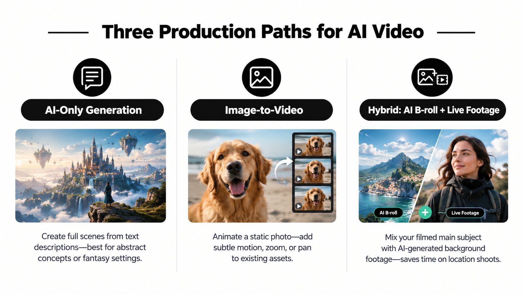 AI ویڈیو کے لیے تین پروڈکشن راستوں کا ڈایاگرام: AI-Only Generation، Image-to-Video، اور Hybrid AI B-roll۔