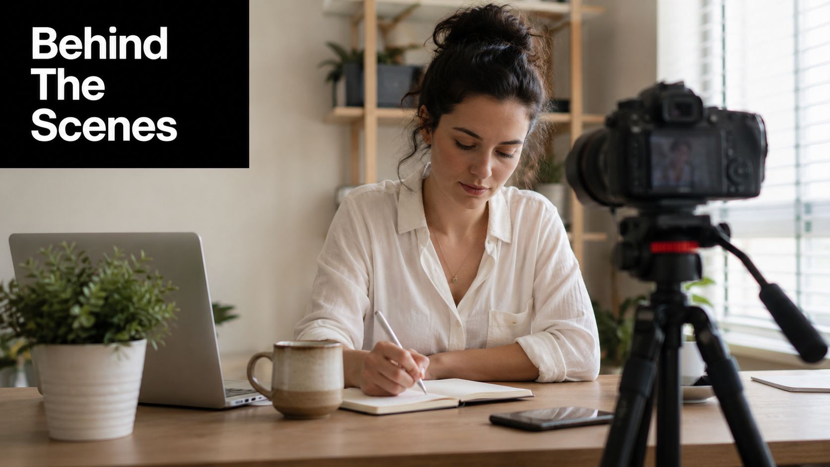 امرأة ترتدي قميصًا أبيض تكتب في دفتر ملاحظات بينما تصور محتوى بكاميرا احترافية.
