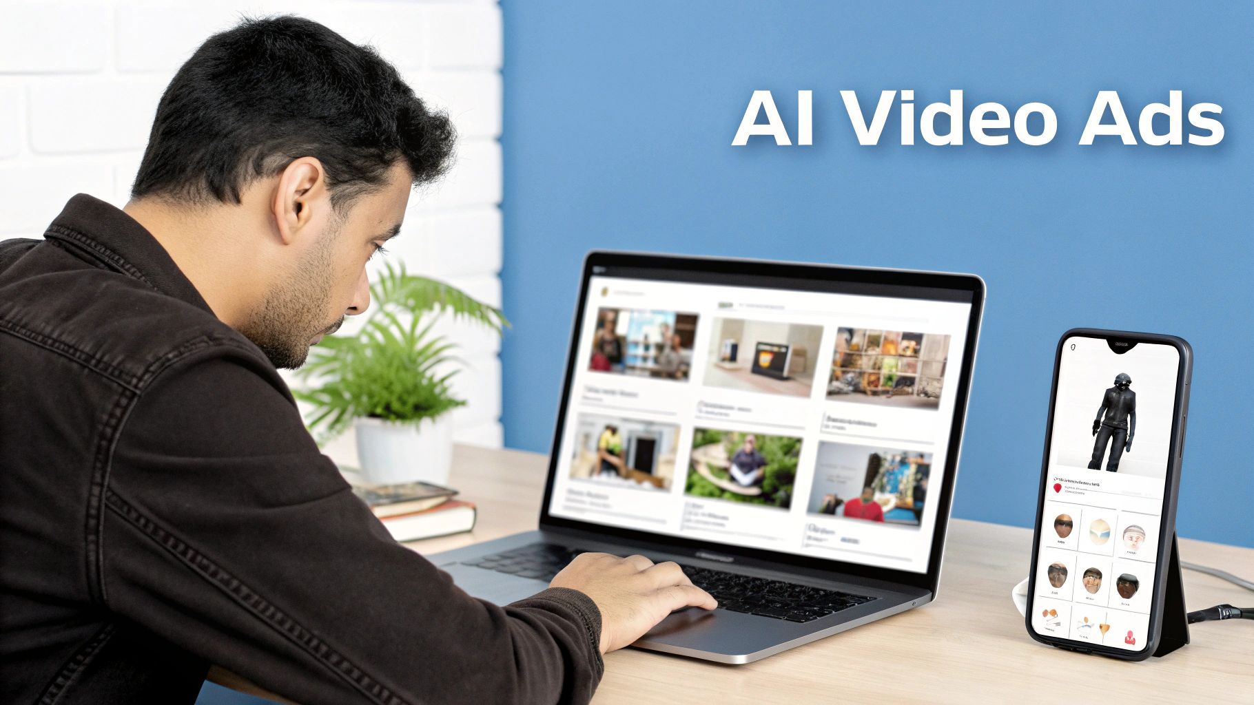 Una persona che lavora intensamente su un laptop e smartphone, mostrando video pubblicitari AI.
