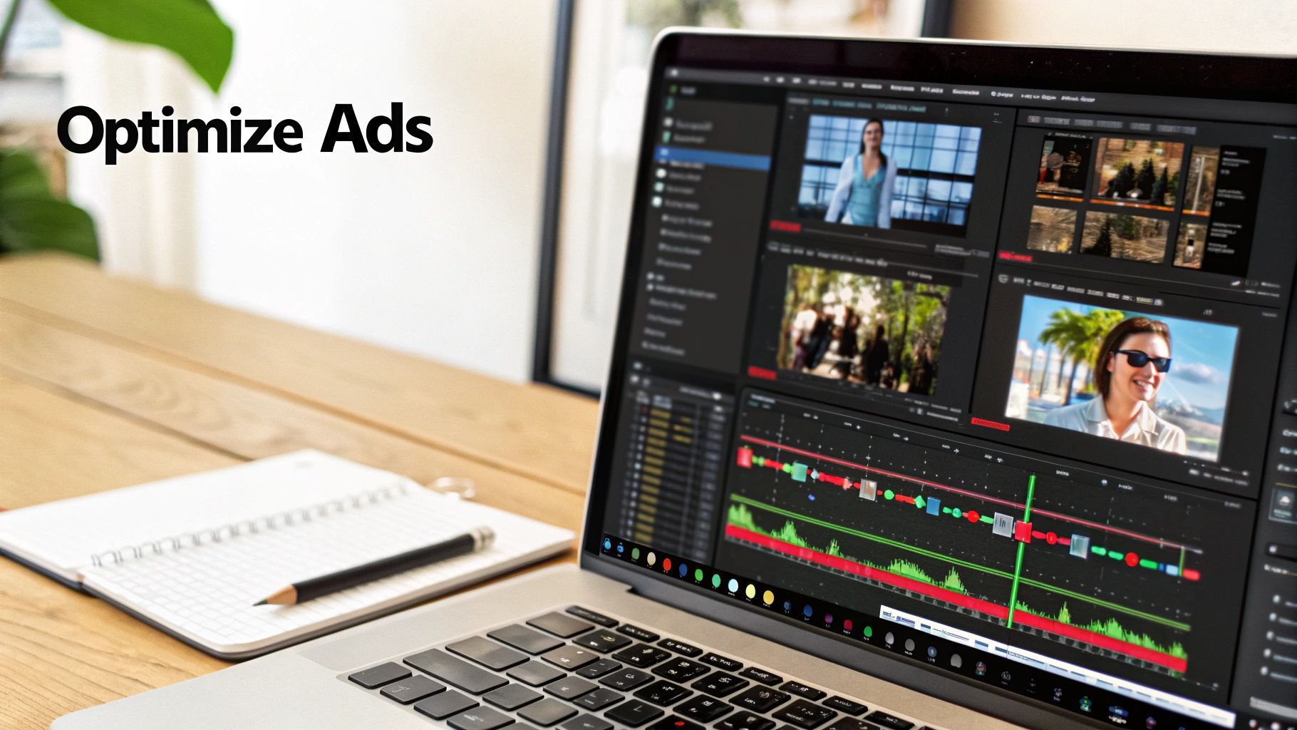 Laptop su una scrivania di legno mostra software di editing video per ottimizzare annunci, con un quaderno.