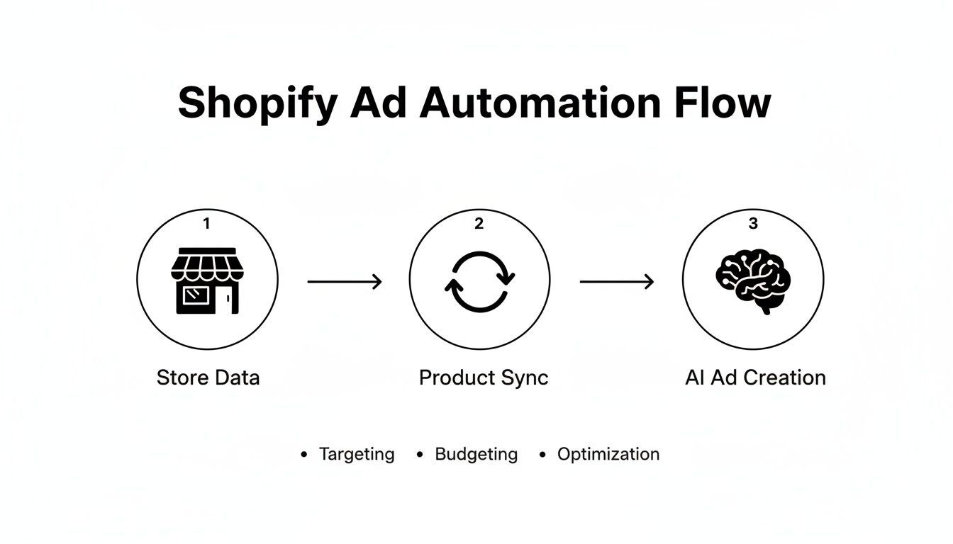 Diagramma del Flusso di Automazione Annunci Shopify, che dettagli i passaggi: Dati Negozio, Sincronizzazione Prodotto e Creazione Annunci AI con ottimizzazione.
