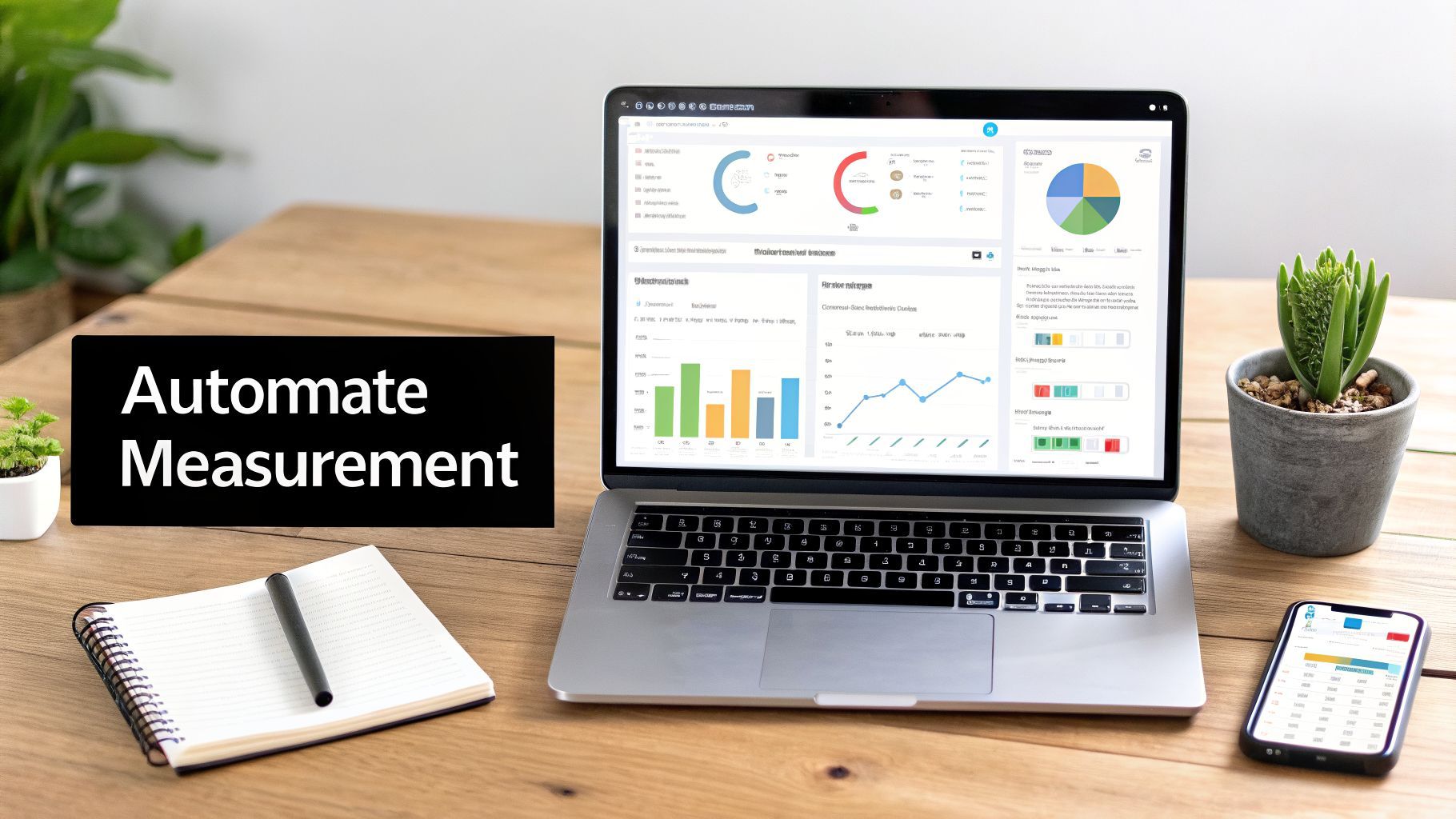 Laptop, որն ցուցադրում է data dashboard գծապատկերներով և գրաֆիկներով, smartphone, notebook գրիչով, և բույսեր փայտե սեղանի վրա, 'Automate Measurement' տեքստով։