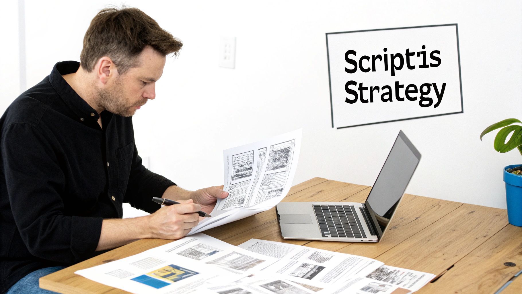 Un home repassa documents en un escriptori de fusta amb un portàtil, sota un rètol de 'Scriptis Strategy'.