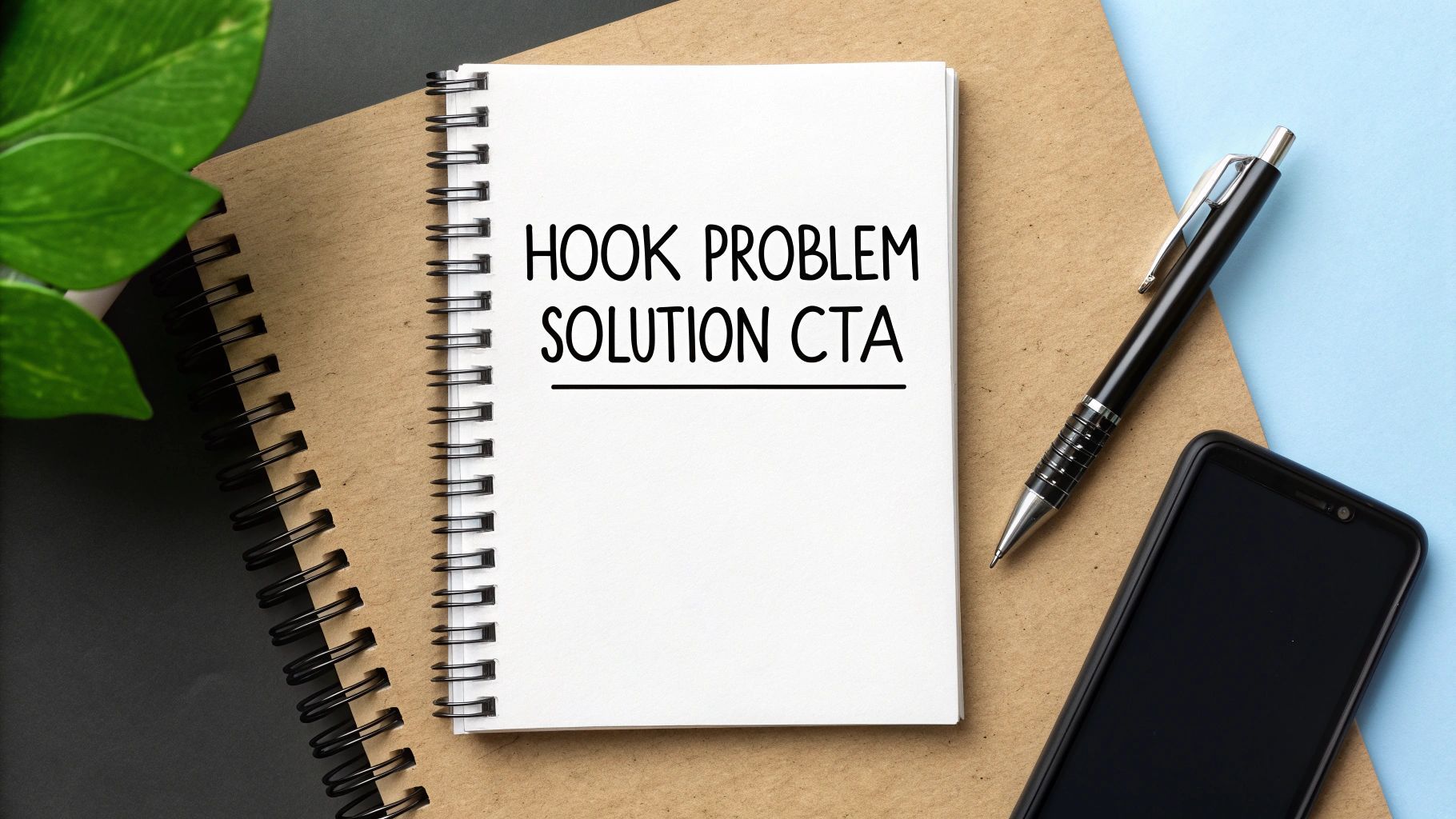 Un quadern espiral obert en una pàgina amb 'HOOK PROBLEM SOLUTION CTA' escrit, envoltat d'objectes d'oficina.