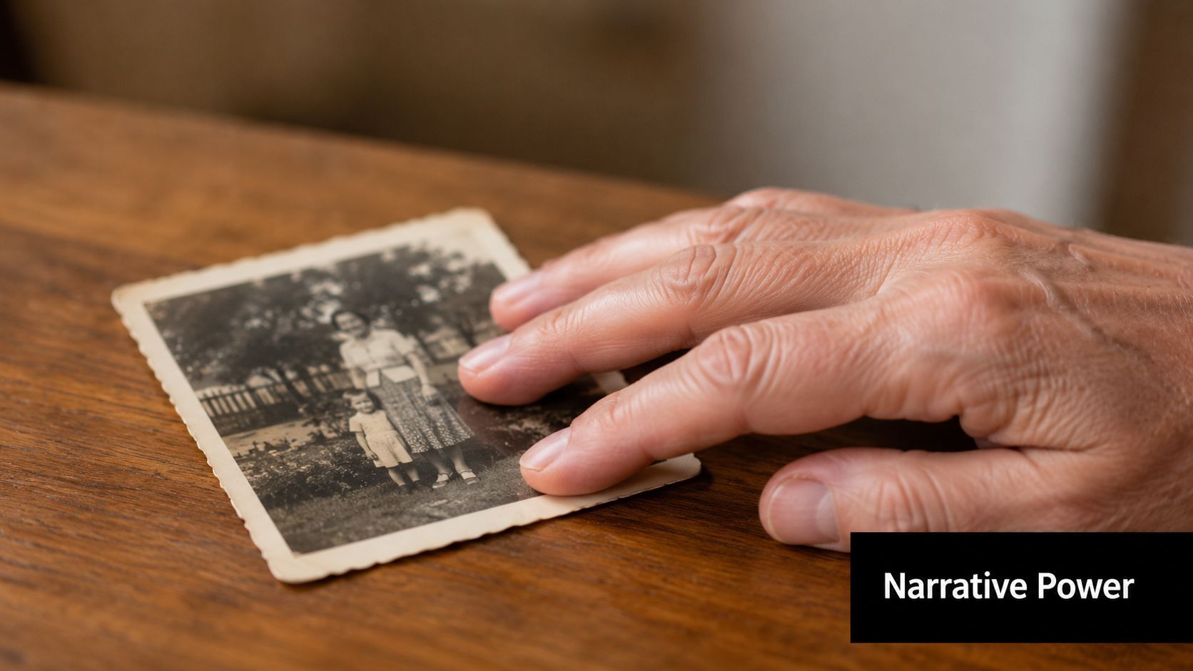 Una mà arrugada descansant sobre una fotografia en blanc i negre vintage d'una dona i un nen.