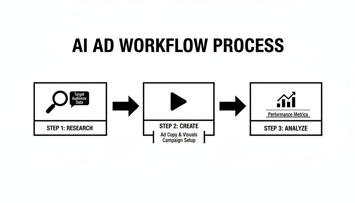 Un diagrama del procés de workflow d'anuncis d'IA que mostra les etapes de recerca, creació i anàlisi per a la publicitat digital.