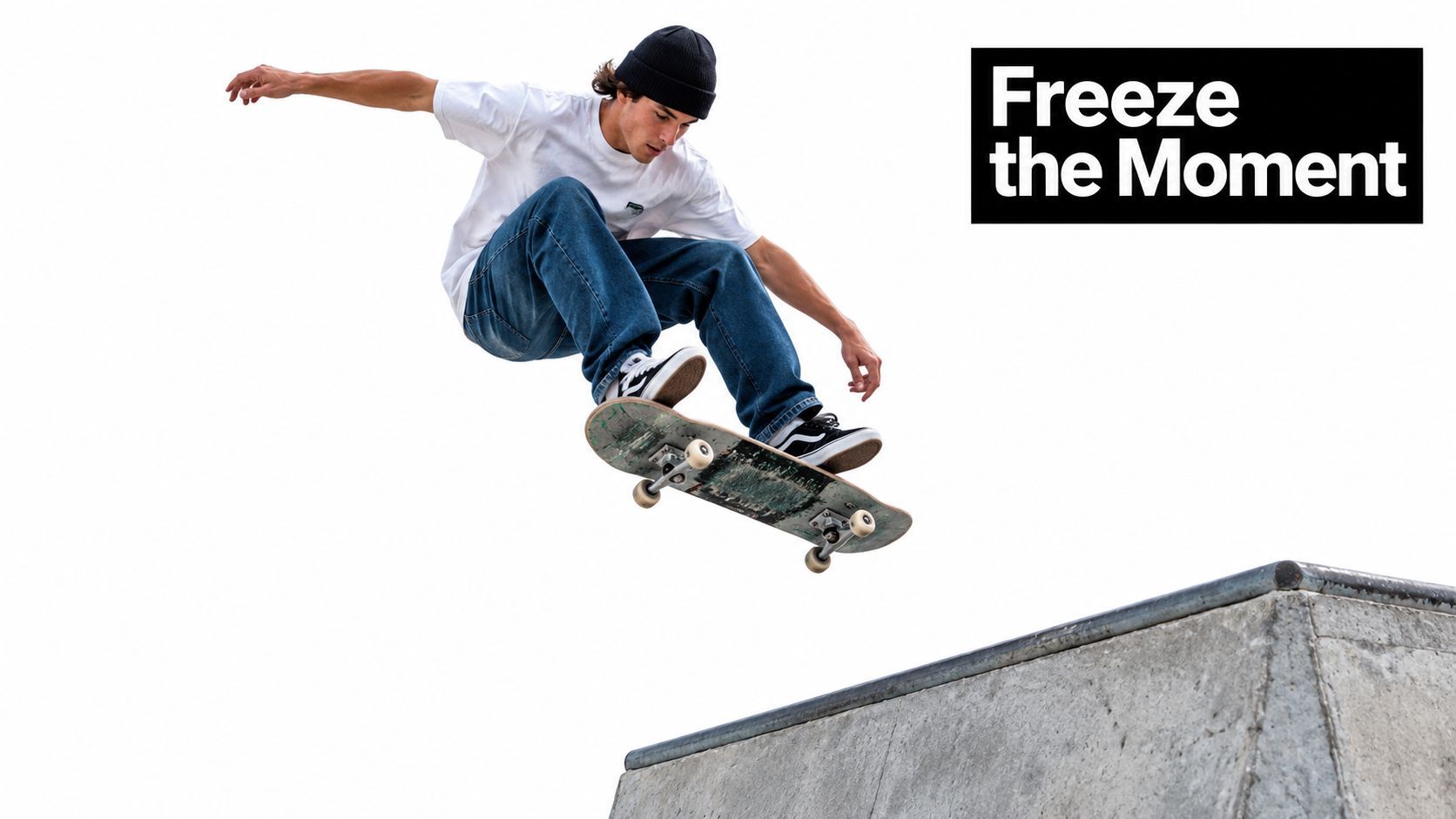 'n Manlike skateboarder voer 'n luchtskat uit bo 'n betonramp teen 'n soliede wit agtergrond.