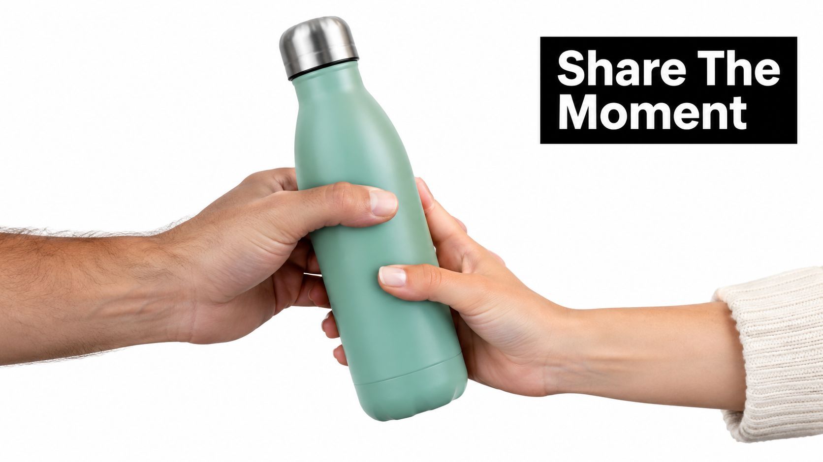Two people hands exchanging a stylish light green reusable metal water bottle on white background.