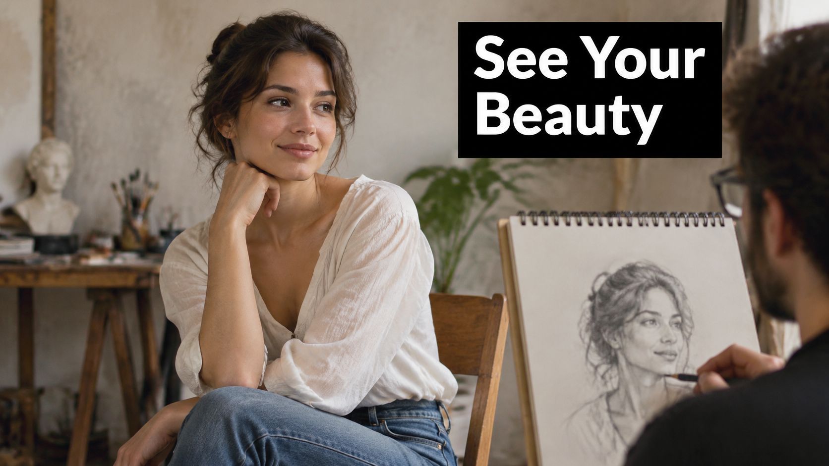 A woman posing for a portrait drawing by an artist in a bright and creative art studio.
