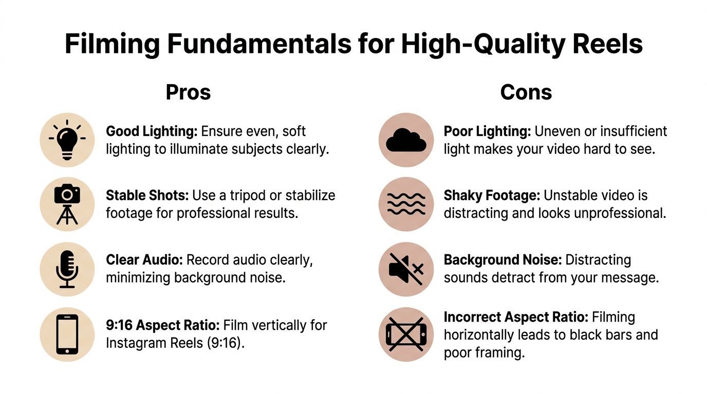 'n Infografika getiteld Filming Fundamentals for High-Quality Reels wat 'n vergelyking van voor- en nadele vir video-skepping wys.