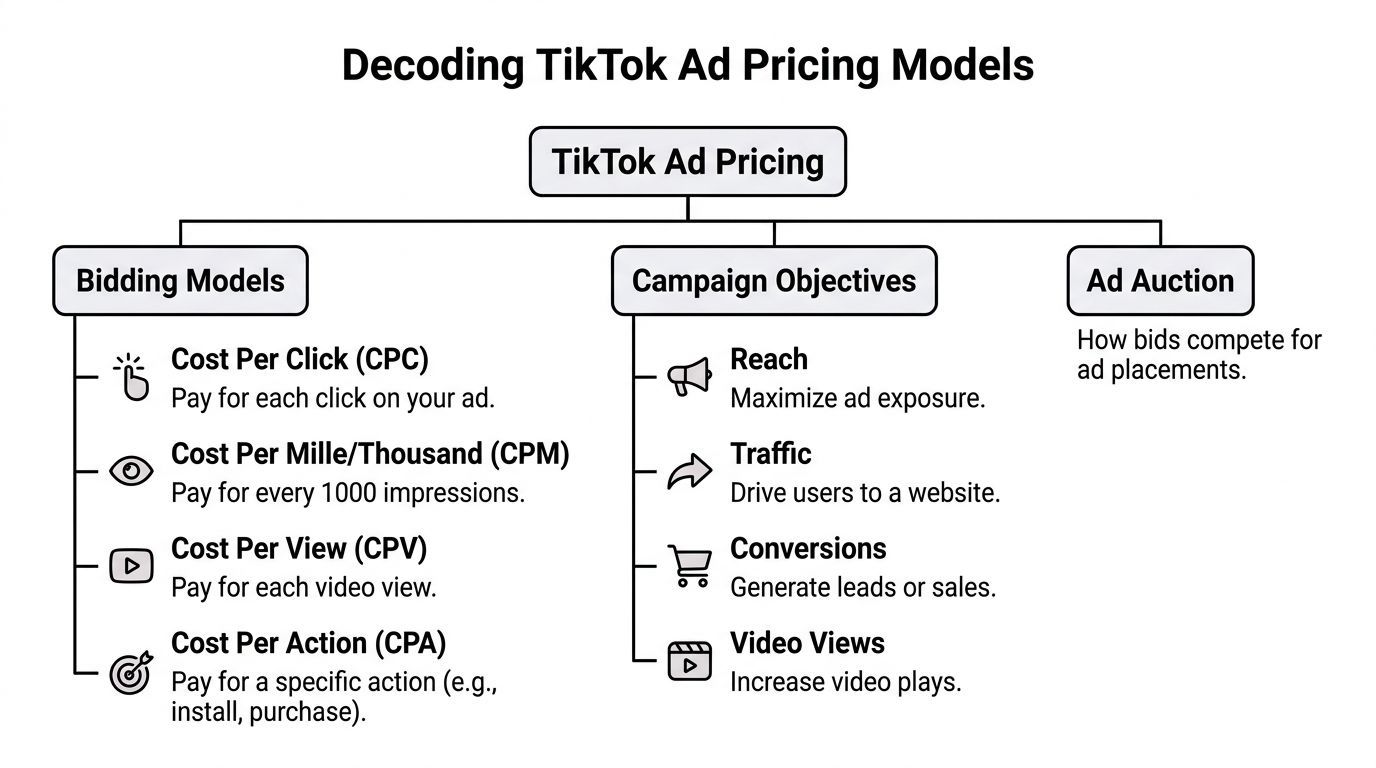 'n Diagram wat TikTok-advertensieprysmodelle, veldtog-doelwitte en die veilingproses vir advertensie-eienaars omlyn.