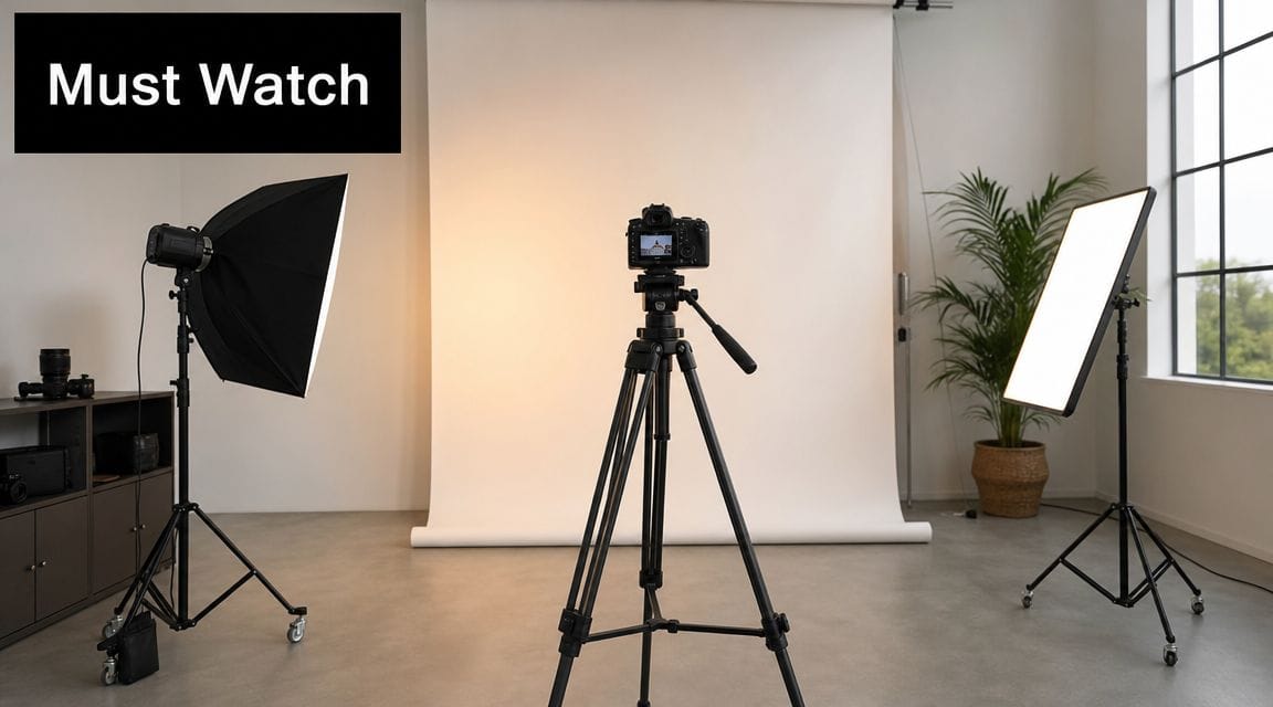 A professional photography studio setup with a camera on a tripod and studio lighting equipment.