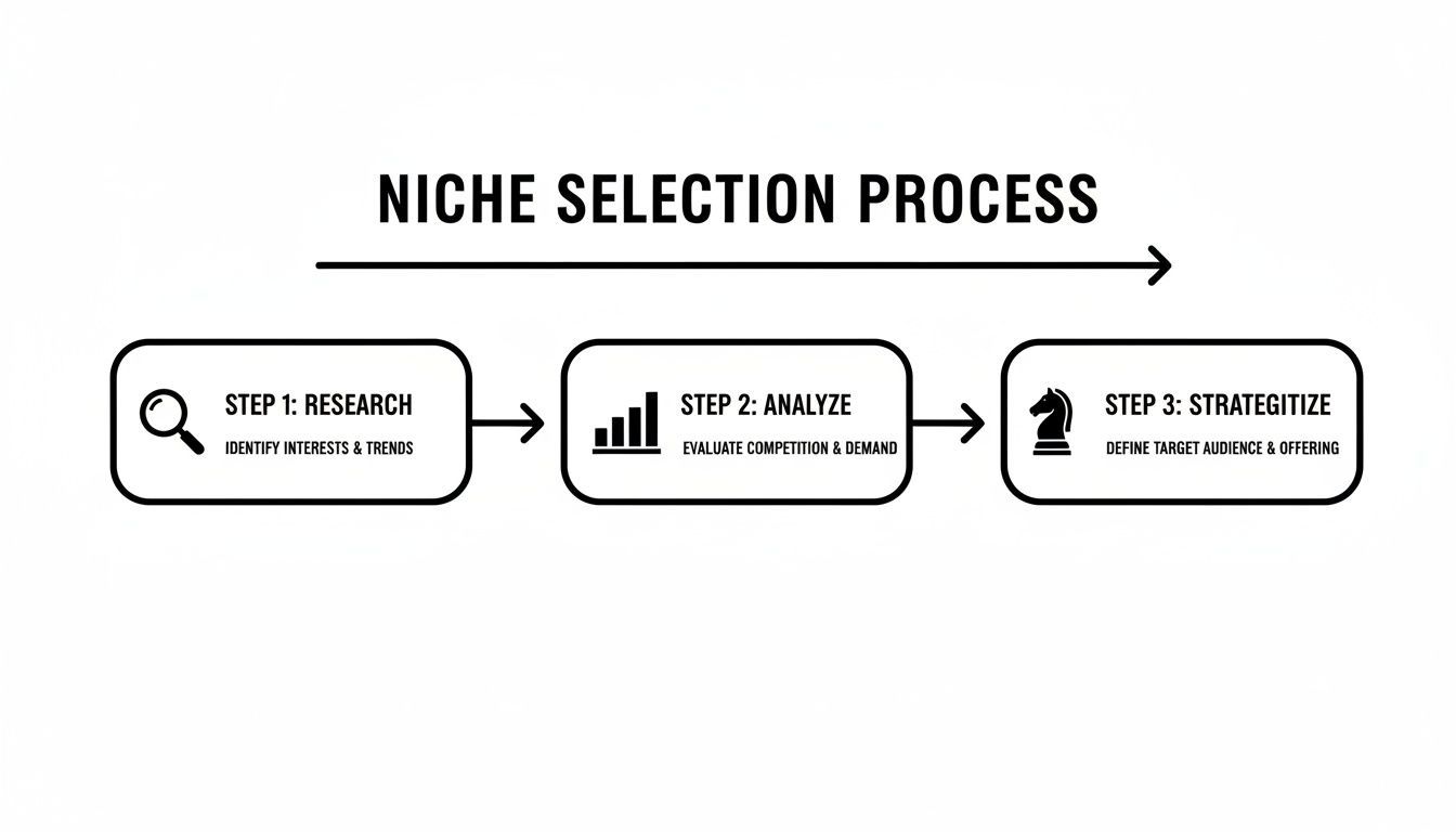 Un flowchart esquissant le processus de sélection de niche en trois étapes : Recherche, Analyse et Stratégie.