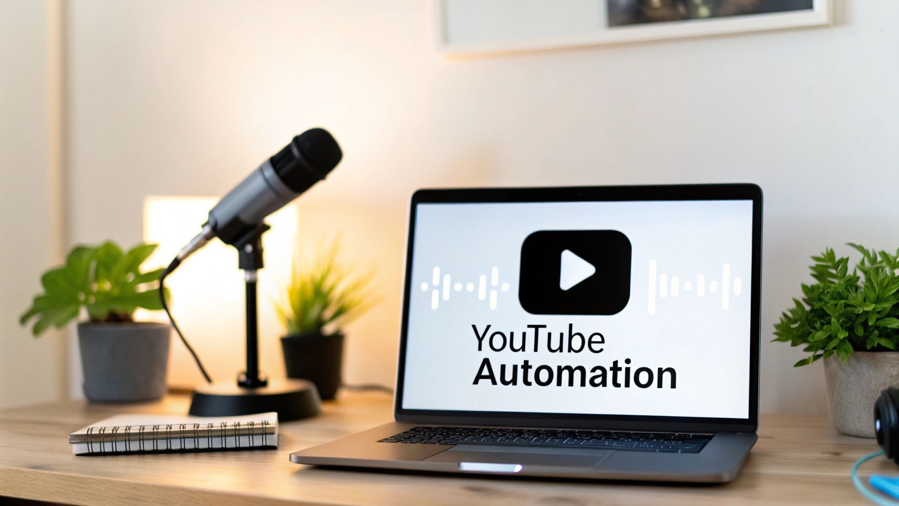 Un bureau équipé d’un ordinateur portable affichant « YouTube Automation », un microphone, des plantes et un carnet pour la création de contenu.