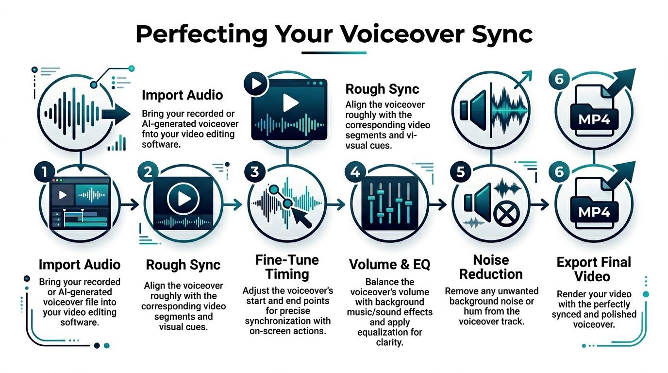 An infographic detailing the six-step process for syncing a voiceover track with video editing software.
