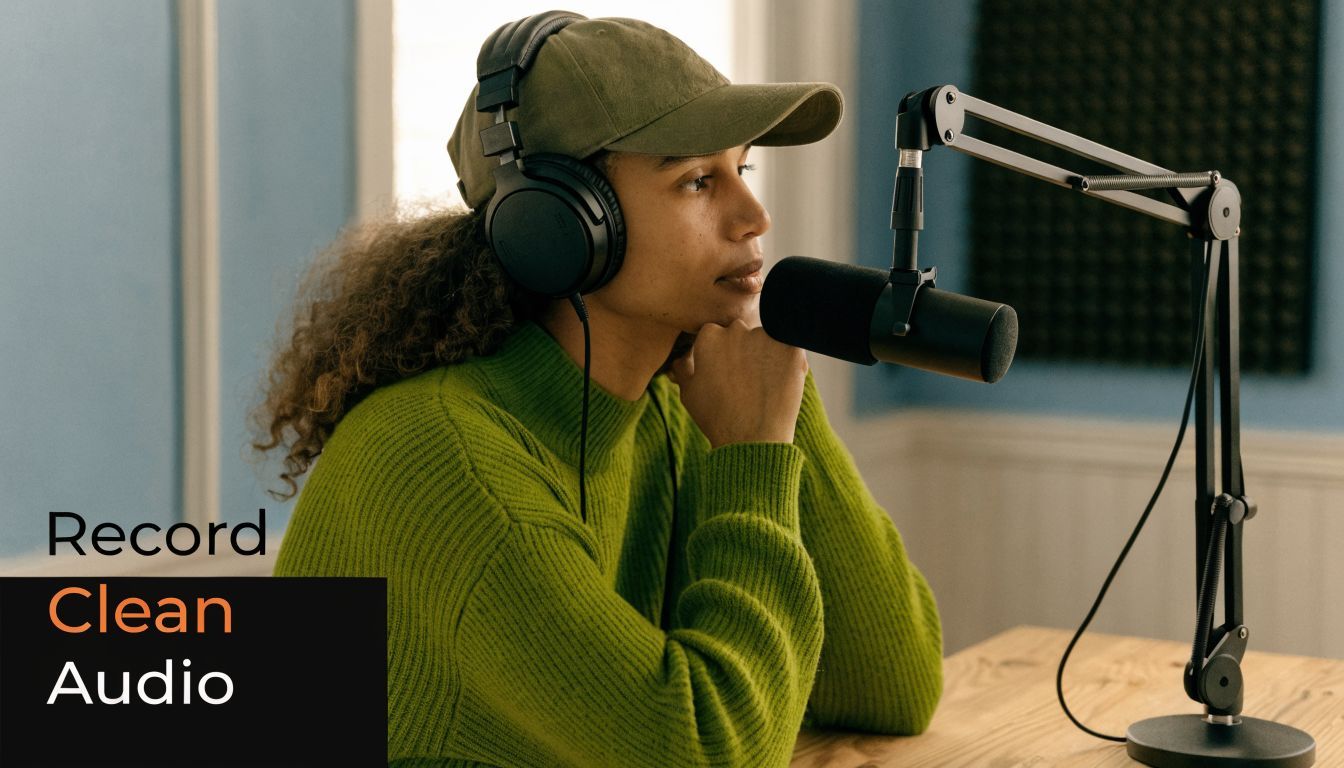 A person wearing a green sweater and a cap recording a podcast with a professional studio microphone.