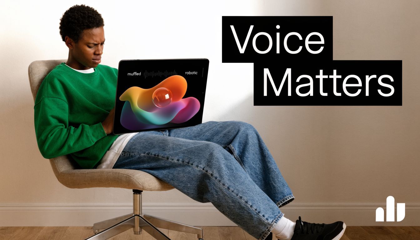 A young person sitting in a chair holding a tablet displaying colorful audio wave graphics and text.