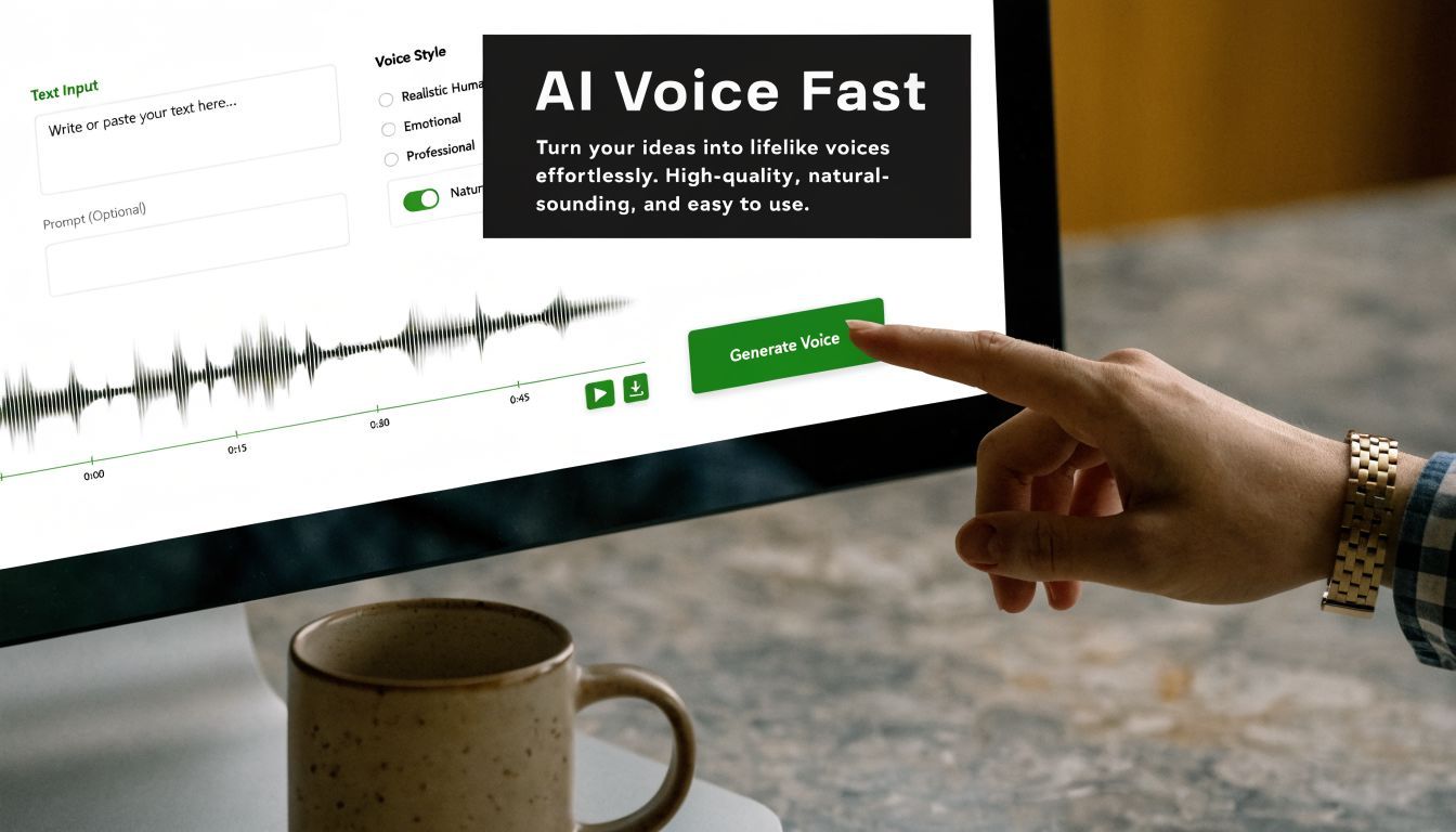 A hand pointing to a green Generate Voice button on a screen showing AI audio creation software.