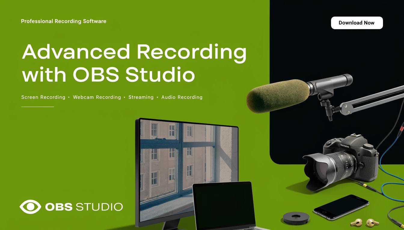 A professional recording setup showing a microphone, camera, monitor, laptop, and smartphone on a green background.