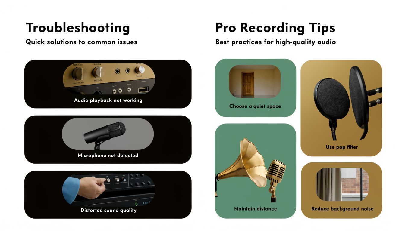 An infographic showing troubleshooting common audio issues and professional recording tips for better sound quality.