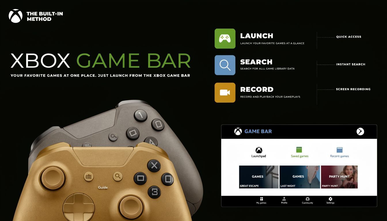 An instructional graphic explaining how to use Xbox Game Bar for launching games and screen recording.