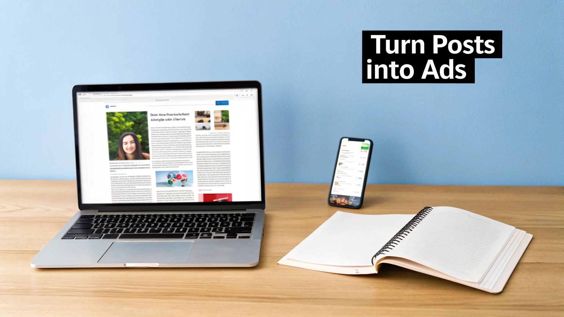 A laptop, smartphone, and open notebook on a wooden desk with text 'Turn Posts into Ads'.