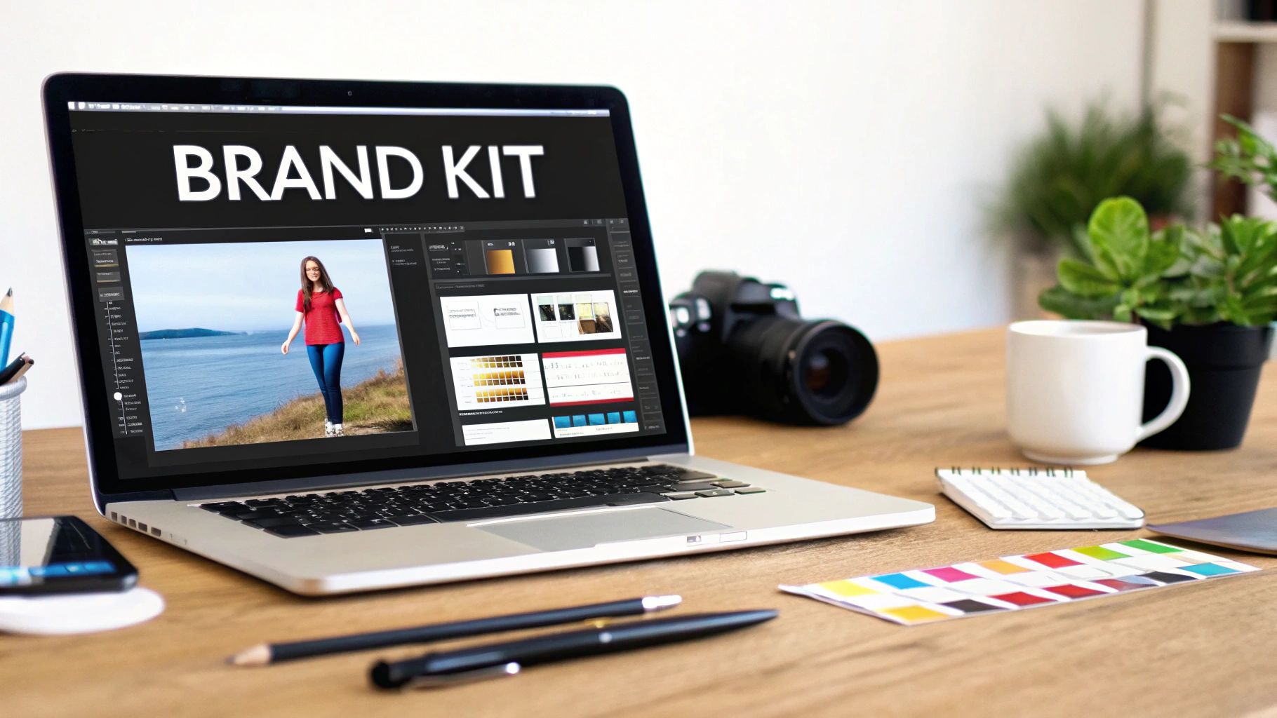 Portàtil mostrant un kit de marca, programari de disseny, una foto, càmera i elements d'espai de treball creatiu.