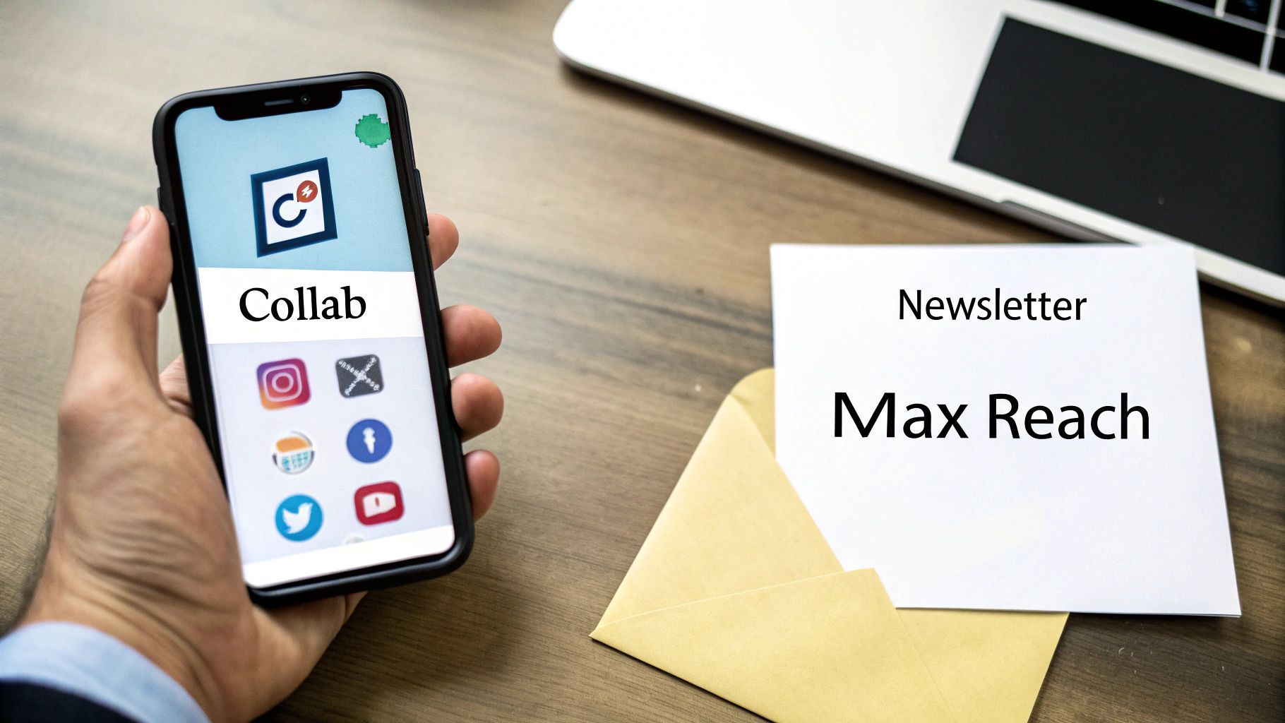 Een contentcreator die hun YouTube-video promoot op een laptop en smartphone, met sociale media-iconen op de achtergrond.