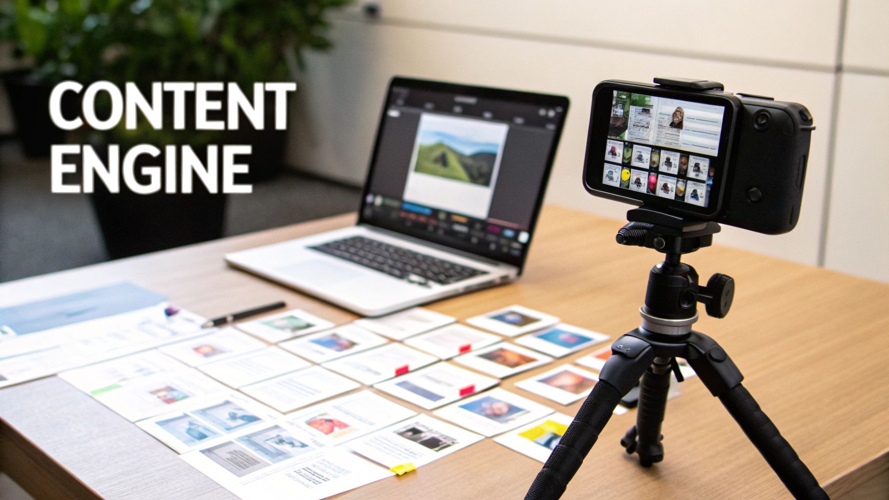 Een contentcreator die een YouTube-video filmt in een thuistudio, met professionele belichting en een hoogwaardige camera.