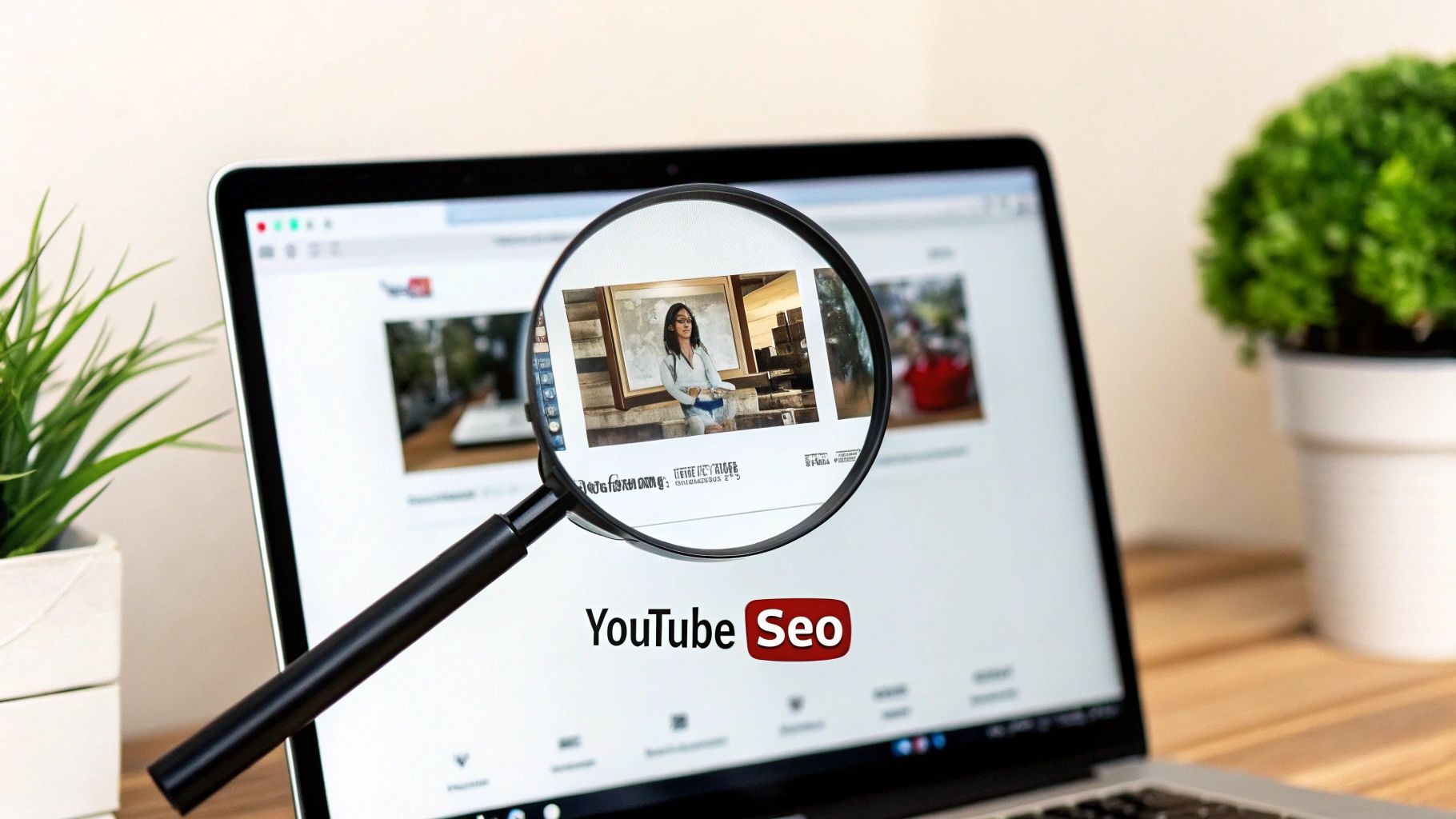 Een persoon die een laptop gebruikt om YouTube SEO-gegevens te analyseren, met zoekwoordzoekresultaten op het scherm.