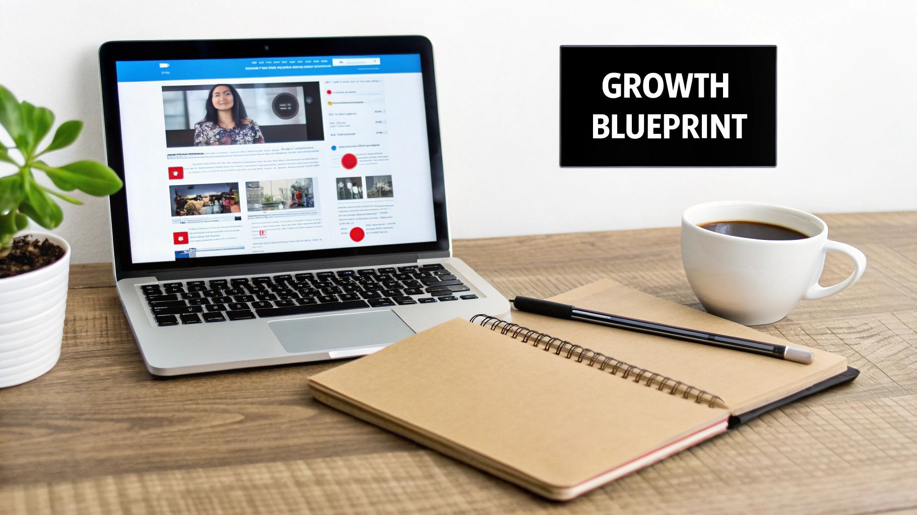 Een persoon aan een bureau die hun YouTube-contentstrategie plant op een laptop, met grafieken en diagrammen op de achtergrond.