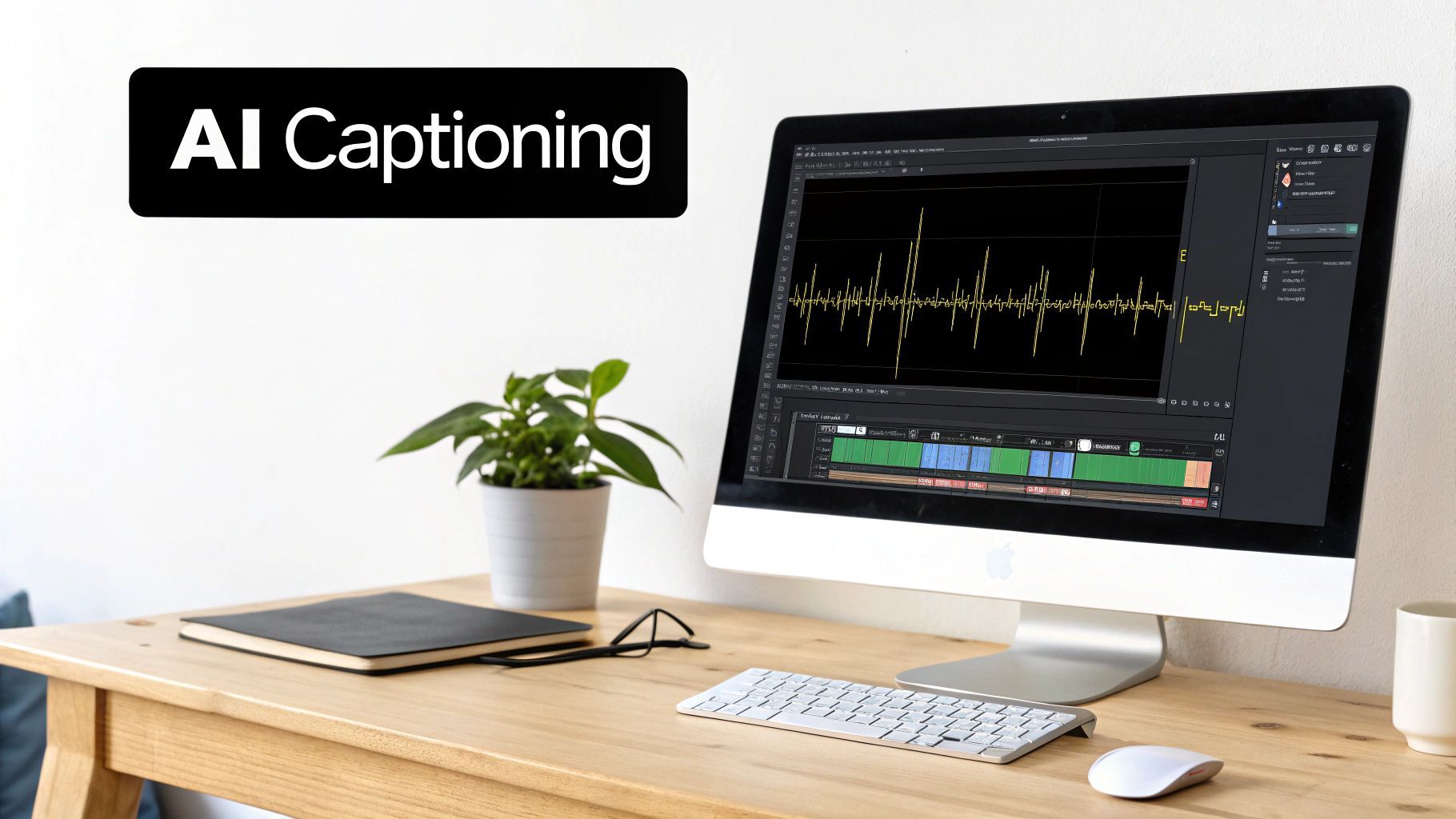 A desk setup with a computer displaying audio waveforms and an 'AI Captioning' banner, hinting at video editing.