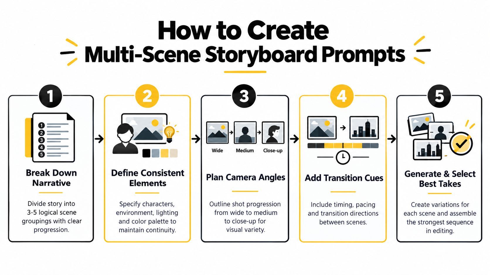 A step-by-step infographic titled How to Create Multi-Scene Storyboard Prompts illustrating the video creation process.