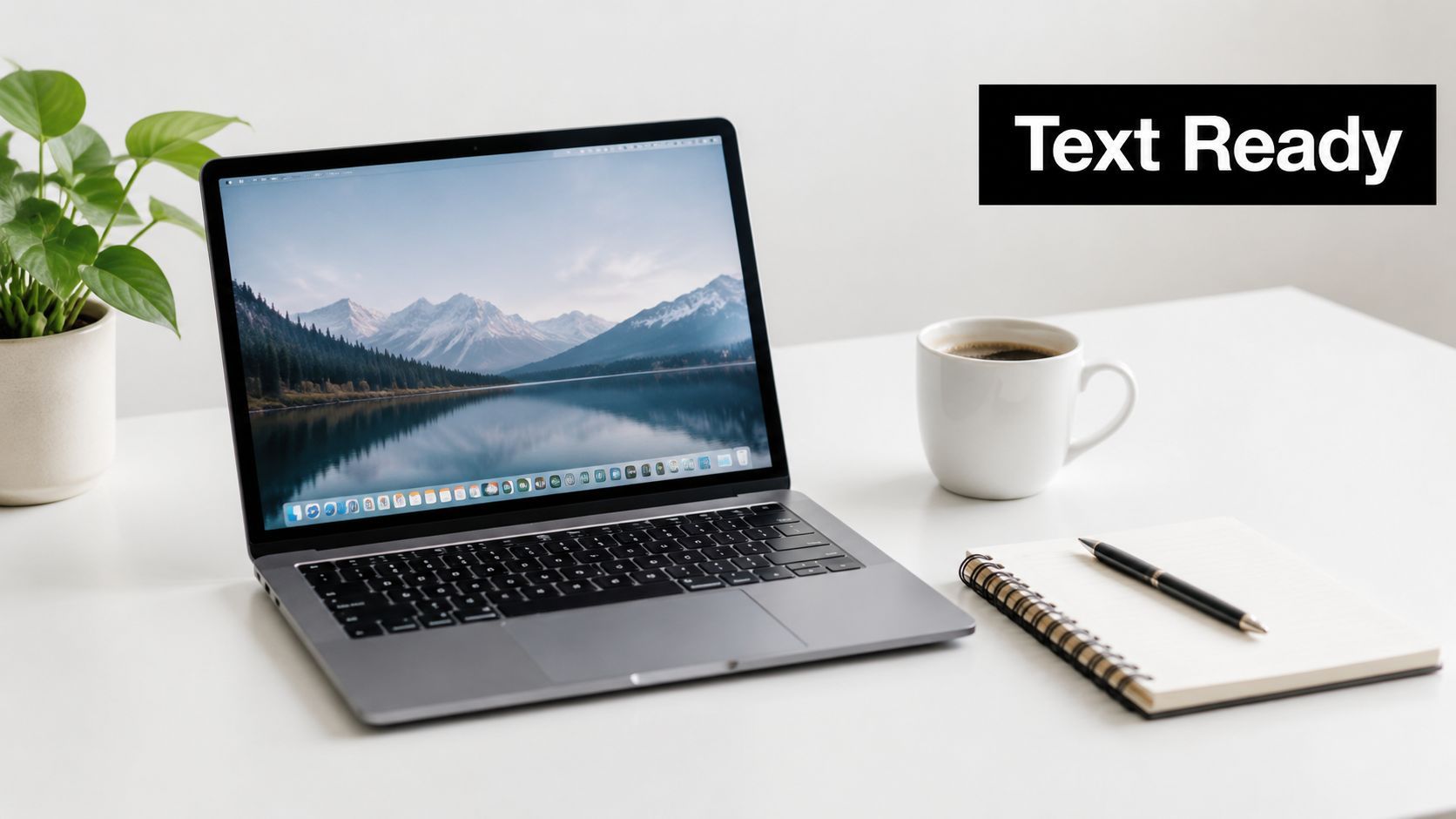 A sleek silver laptop, a coffee mug, and a notebook on a white desk workspace.