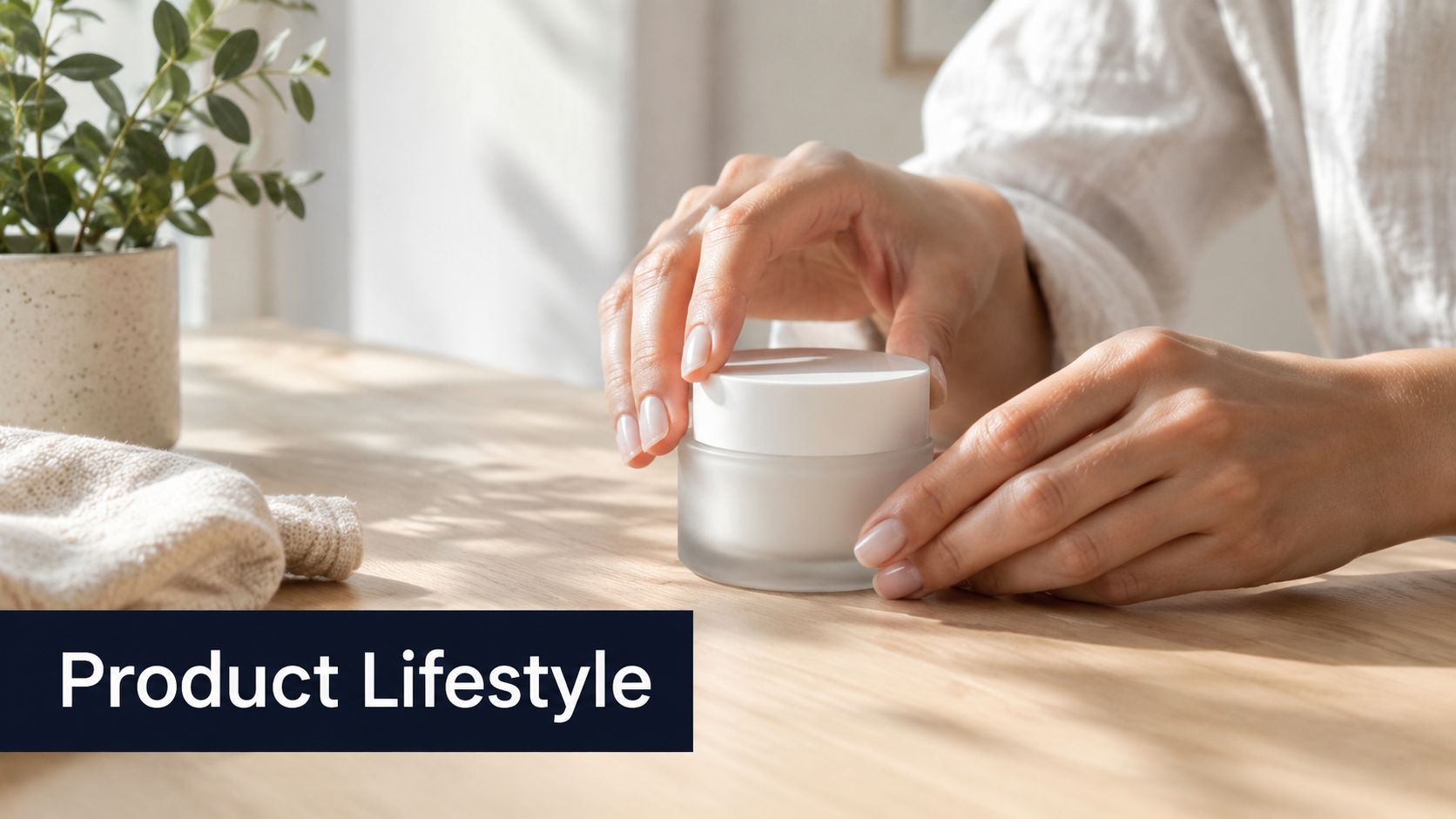 A person opening a small glass skincare cream jar while sitting at a light wooden table